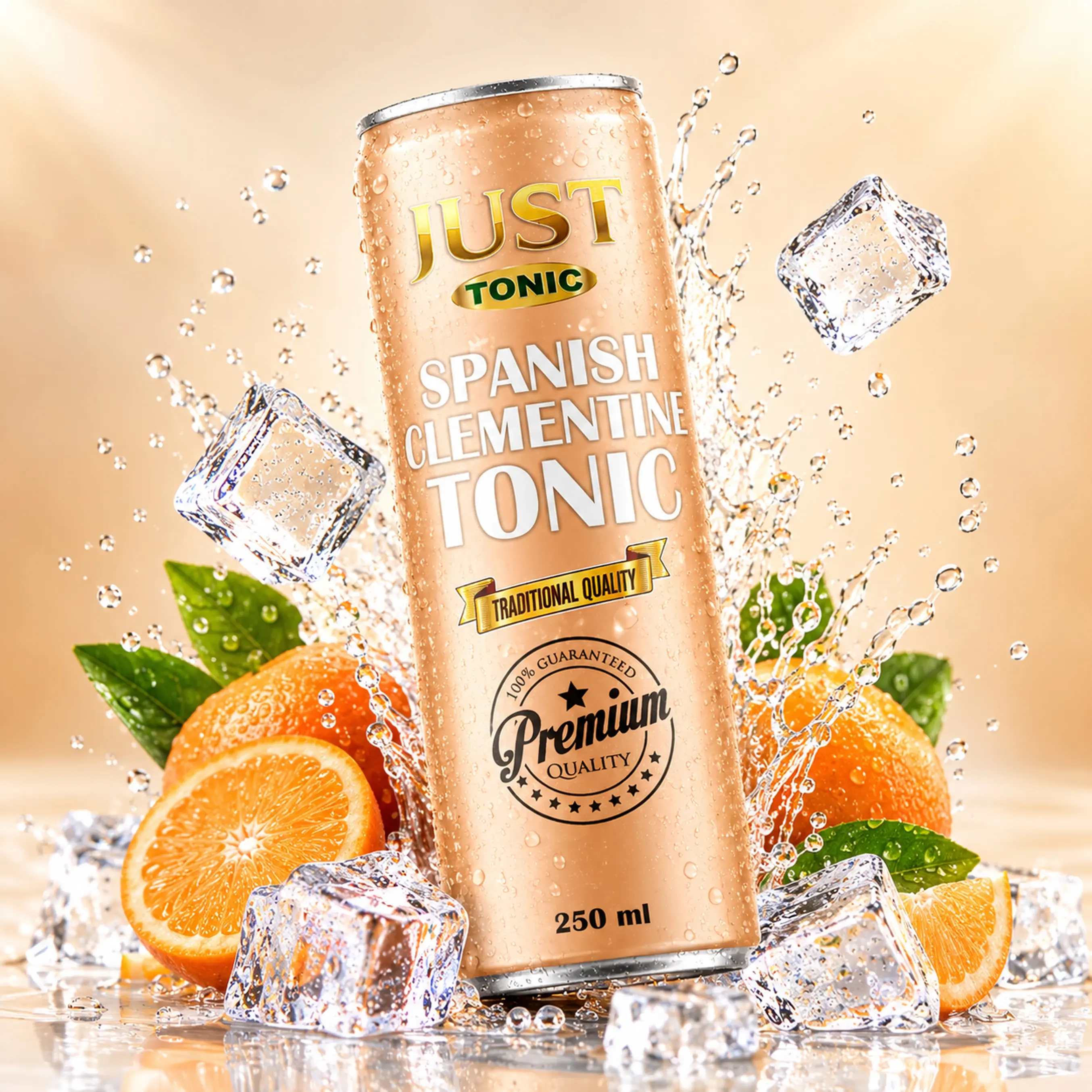 JUST Tonic Spanish Clementine 250ml can with fresh clementines, ice cubes, green leaves, and water splash.